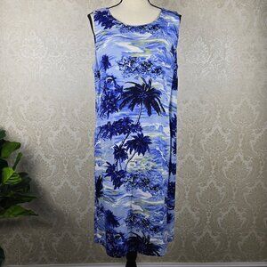 First Issue Liz Claiborne Size XL Sleeveless Shift Dress Blue White Palm Trees